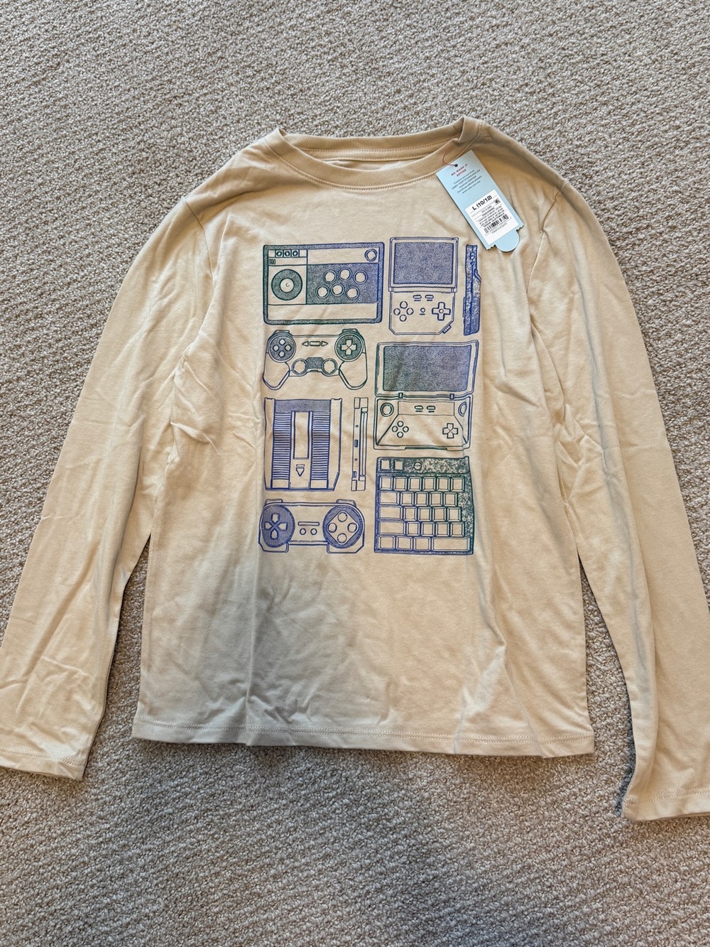 Cat & Jack Beige Long Sleeve Tee with Blue and Green Gaming Graphics